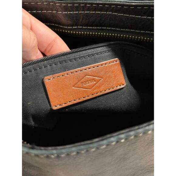 Fossil Crossbody Satchel Purse Medium Tote Black Leather Rocker Bag - Picture 13 of 14